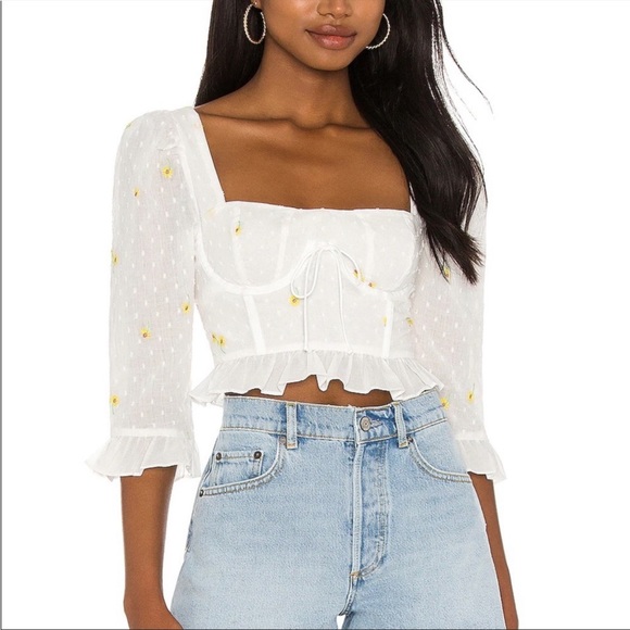 For Love And Lemons Tops - For Love & Lemons Abby Crop Top Blouse Small NWT Embroidered White Yellow Daisy